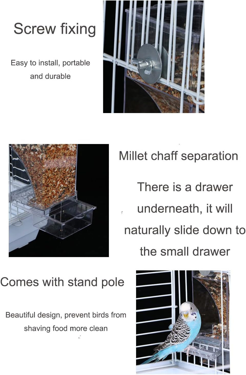No Mess Bird Feeder,Bird Feeder for Cage,Automatic Acrylic Parakeet Feeder Cage Accessories for Small Birds Parrot Parakeets Canary Cockatiel Finch(Transparent)