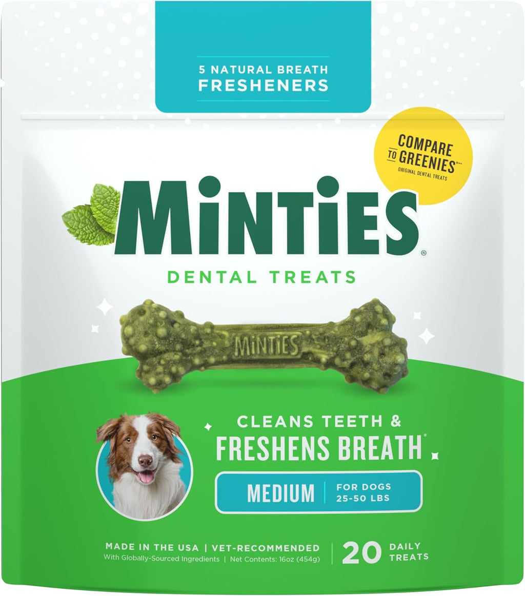 Dental Chews for Dogs, 20 Count, Vet-Recommended Mint-Flavored Dental Dog Treats for Medium Sizes 25-50 Lbs, Bones Clean Teeth,