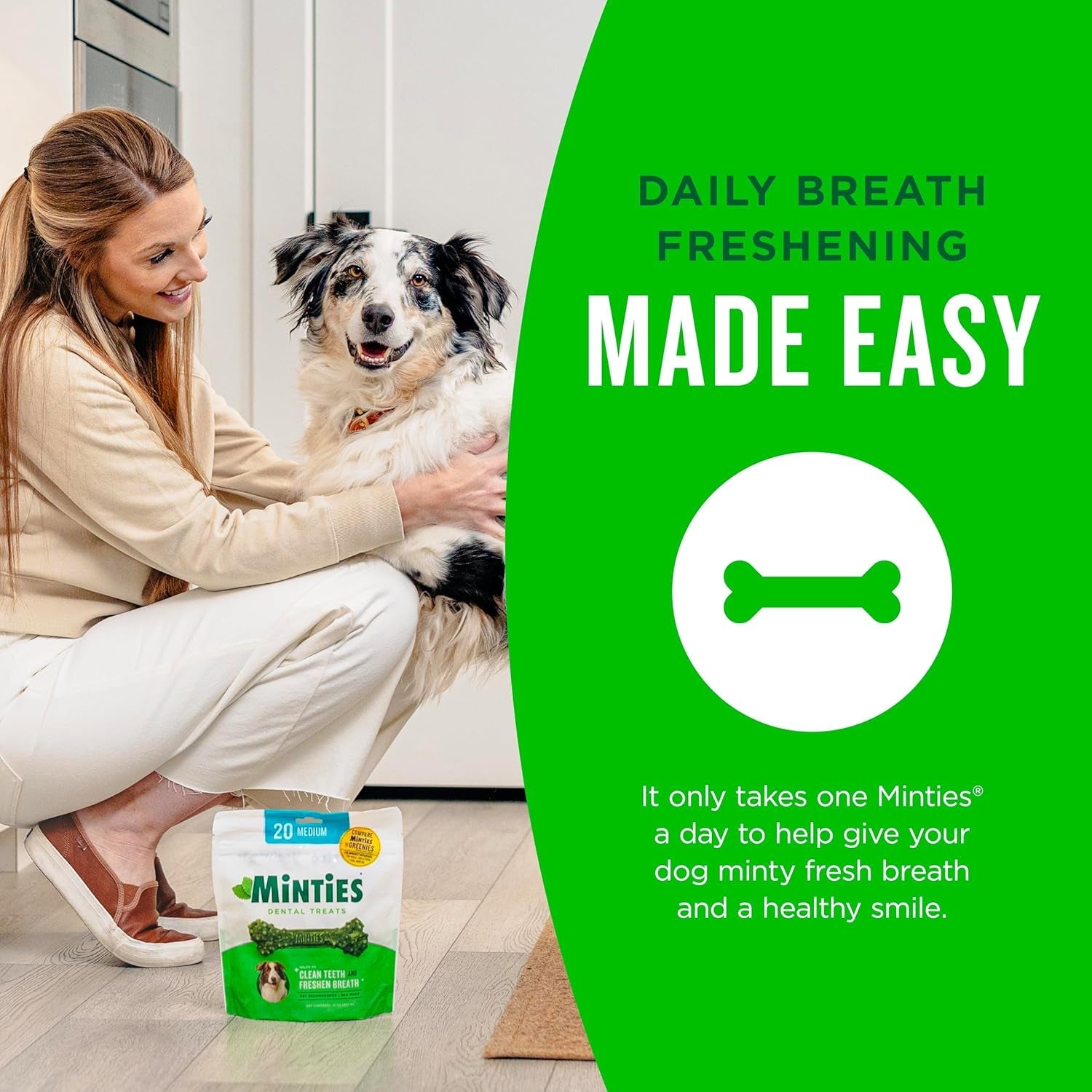 Dental Chews for Dogs, 20 Count, Vet-Recommended Mint-Flavored Dental Dog Treats for Medium Sizes 25-50 Lbs, Bones Clean Teeth,