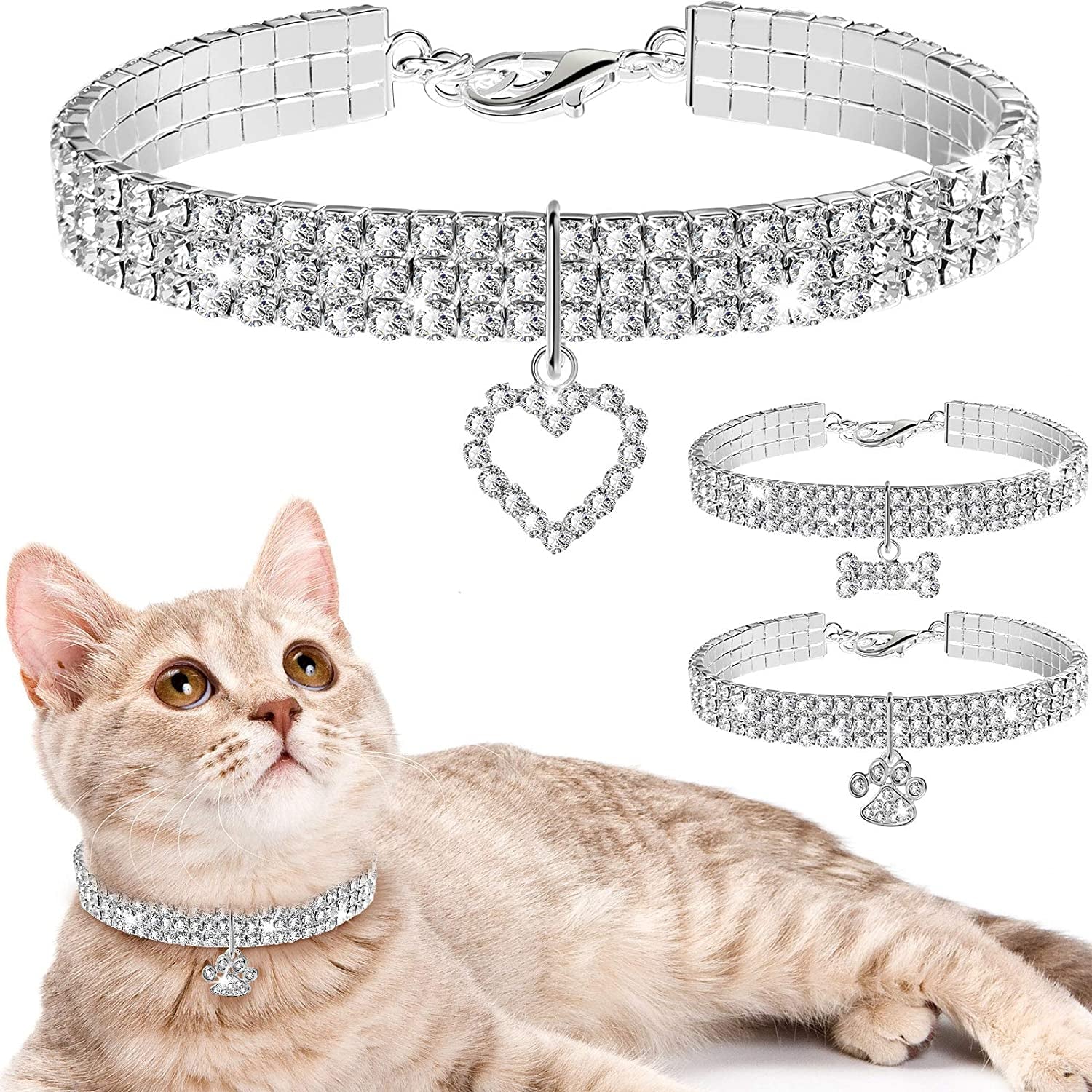 3 Pieces Bling Rhinestones Pet Collars Glitter Pendant Dog Collars Adjustable Crystal Cat Collar Elastic Pet Necklace for Small Pet Cat Dogs Puppy