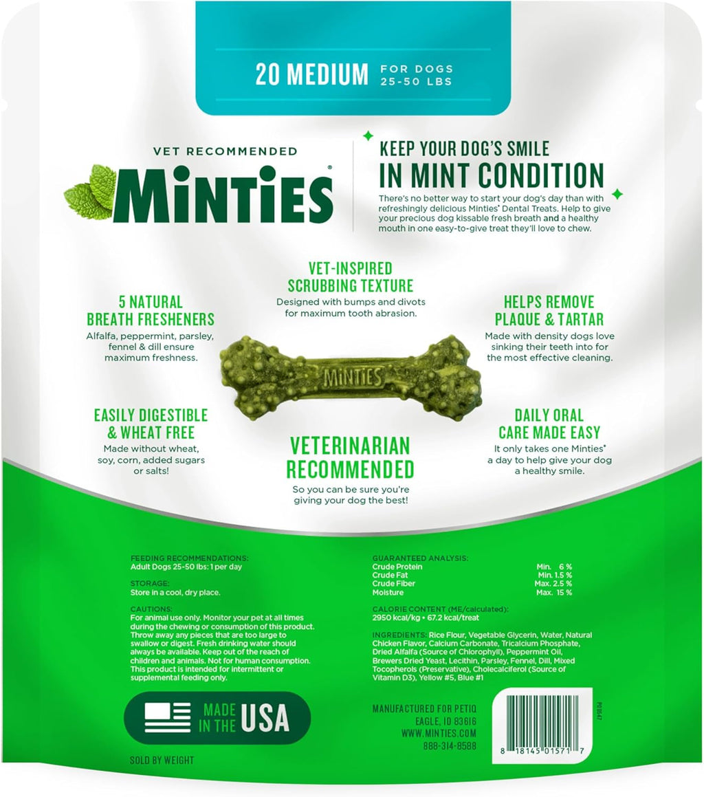 Dental Chews for Dogs, 20 Count, Vet-Recommended Mint-Flavored Dental Dog Treats for Medium Sizes 25-50 Lbs, Bones Clean Teeth,