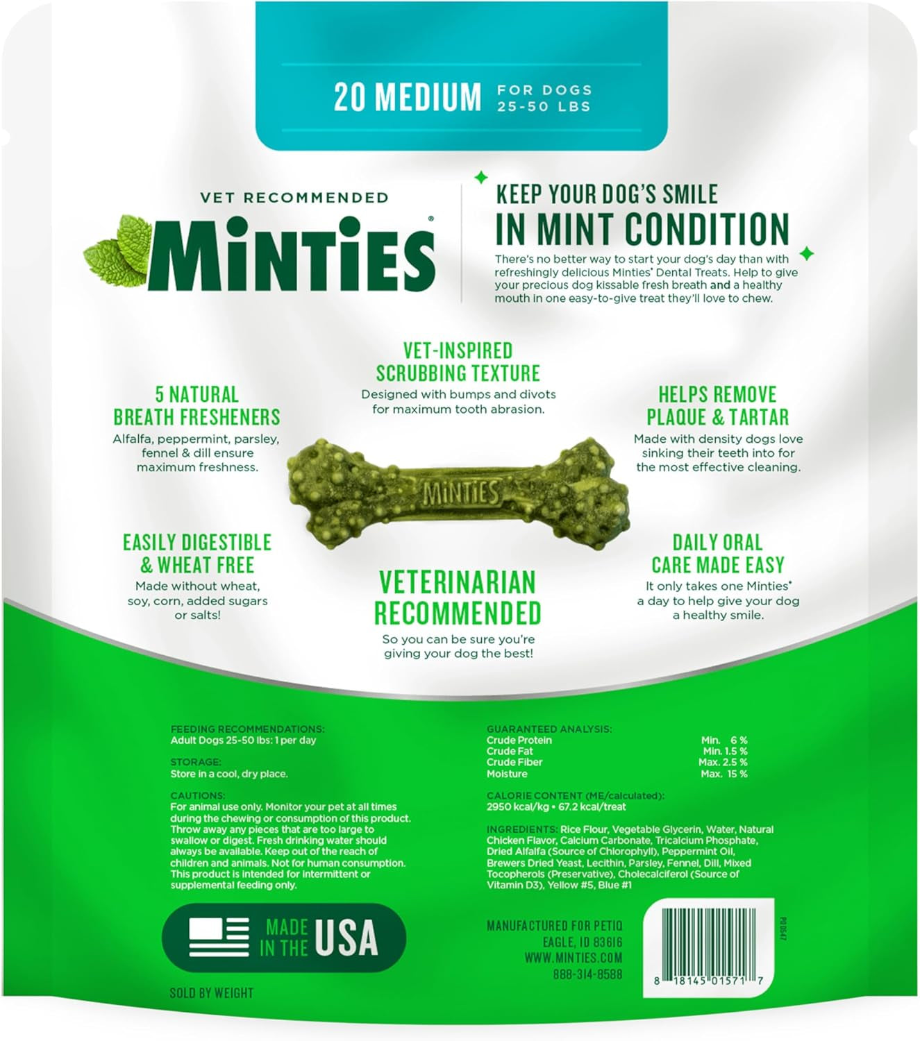 Dental Chews for Dogs, 20 Count, Vet-Recommended Mint-Flavored Dental Dog Treats for Medium Sizes 25-50 Lbs, Bones Clean Teeth,