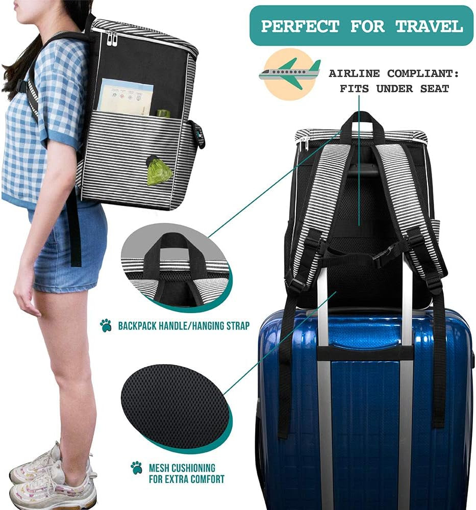 Dog Travel Bag Backpack, Airline Approved Dog Bags for Traveling, Puppy Diaper Bag Supplies, Pet Camping Essentials Hiking Accessories Gift, Food Container, Collapsible Bowls, Stripe Black
