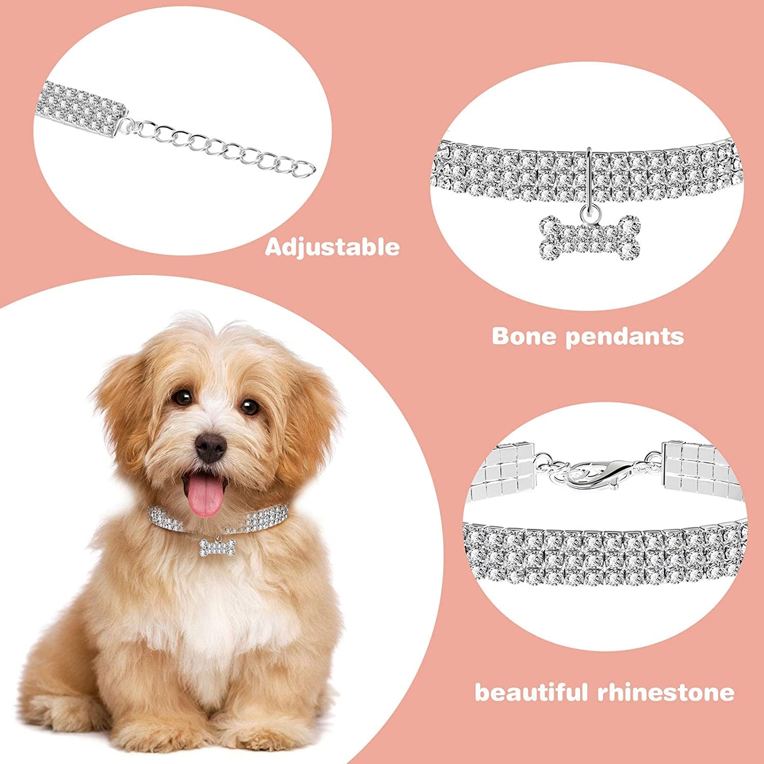 3 Pieces Bling Rhinestones Pet Collars Glitter Pendant Dog Collars Adjustable Crystal Cat Collar Elastic Pet Necklace for Small Pet Cat Dogs Puppy