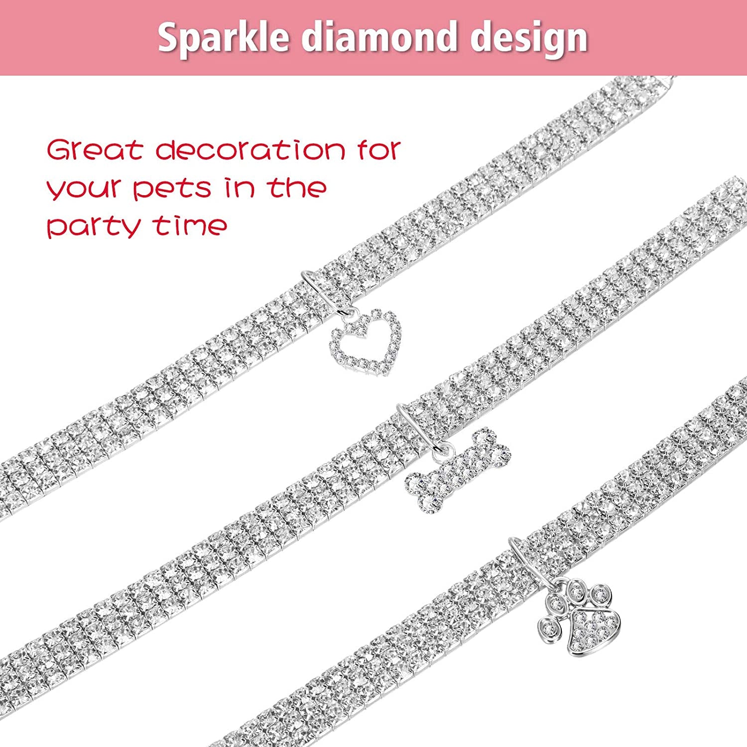 3 Pieces Bling Rhinestones Pet Collars Glitter Pendant Dog Collars Adjustable Crystal Cat Collar Elastic Pet Necklace for Small Pet Cat Dogs Puppy